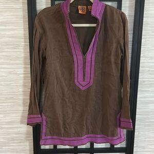 Tory Burch brown and purple lightweight cotton tunic top size 6